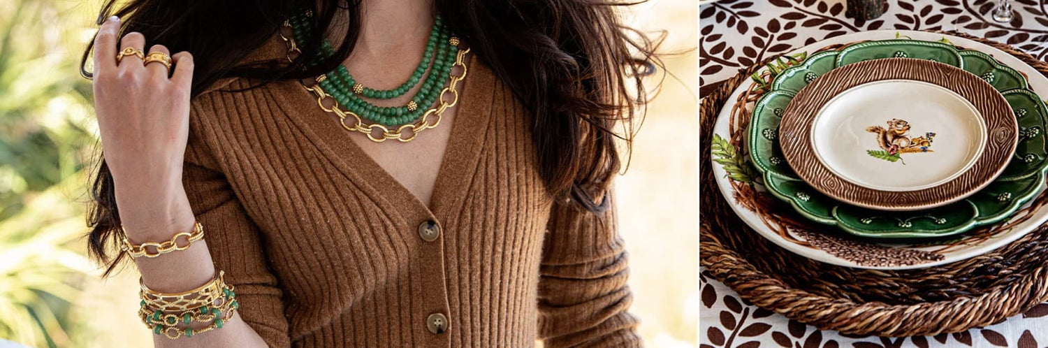 Brown, tan and green hues mix together beautifully in fashion and on the table.