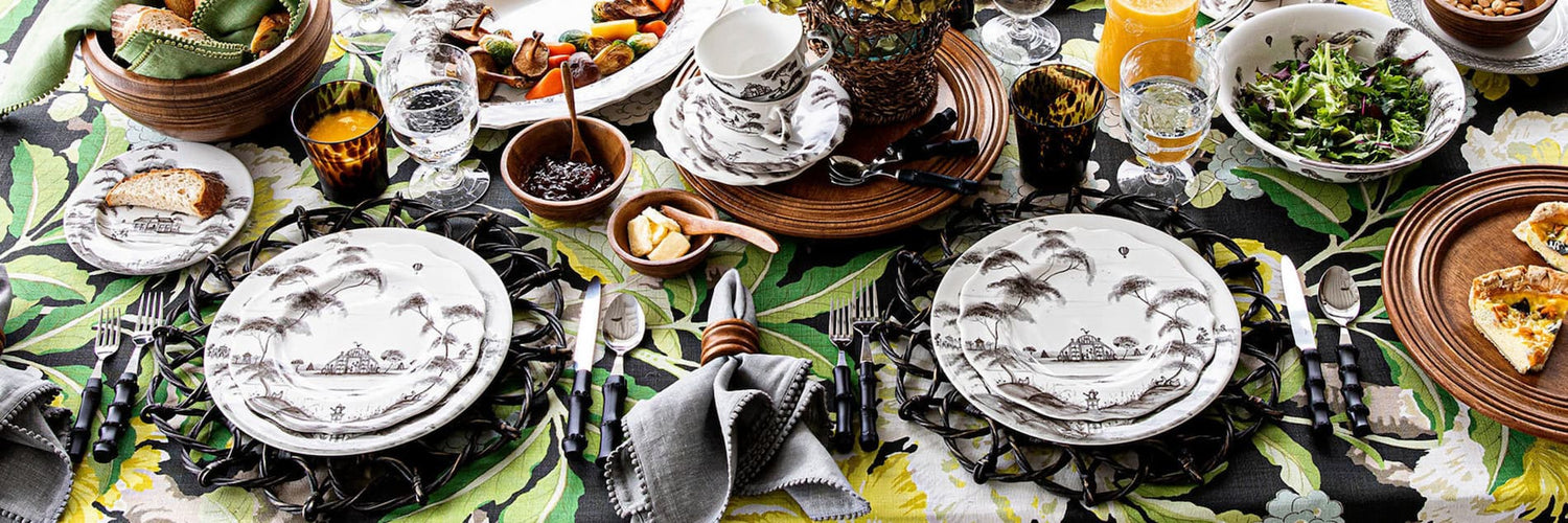 Country Estate Flint dinnerware on a colorful table.
