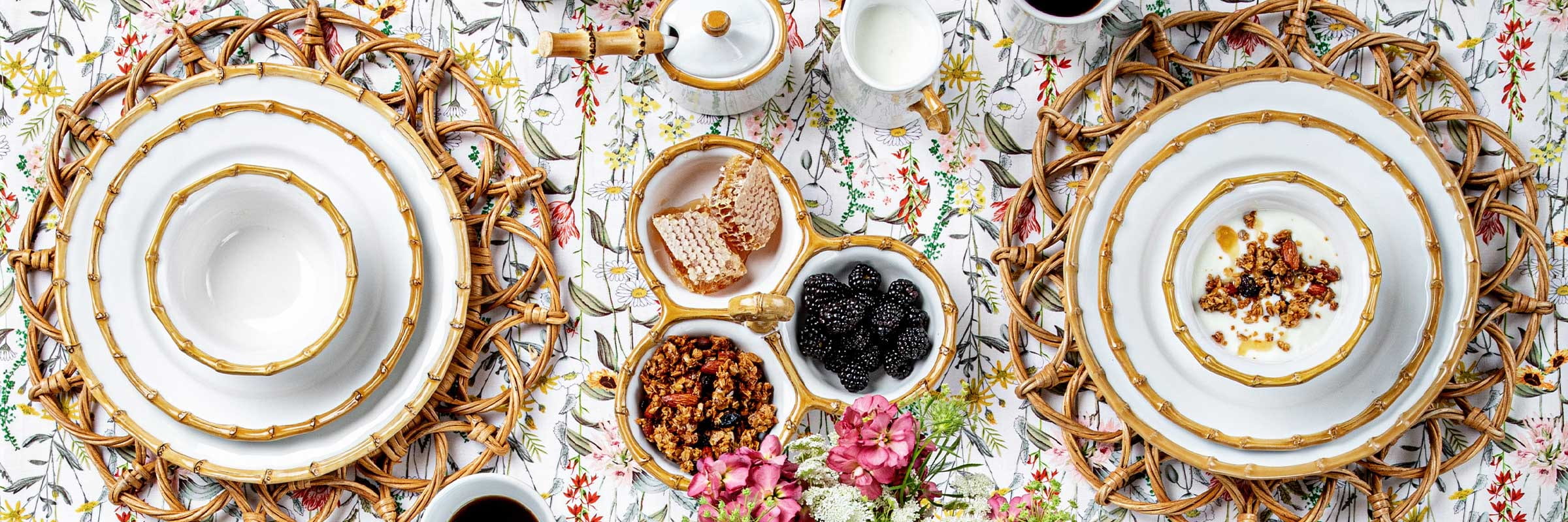 Juliska "Bamboo" plates and serveware within a colorful tablescape