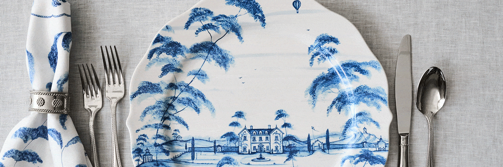 Moveable gif featuring variety of Juliska blue collections such as: country estate delft blue, puro chambray, le panier delft blue, and berry & thread chambray.
