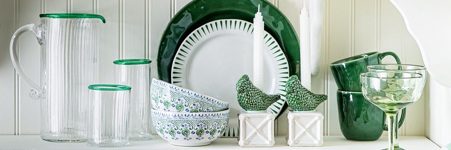 Image featuring variety of green plates, serveware, glassware from Juliska