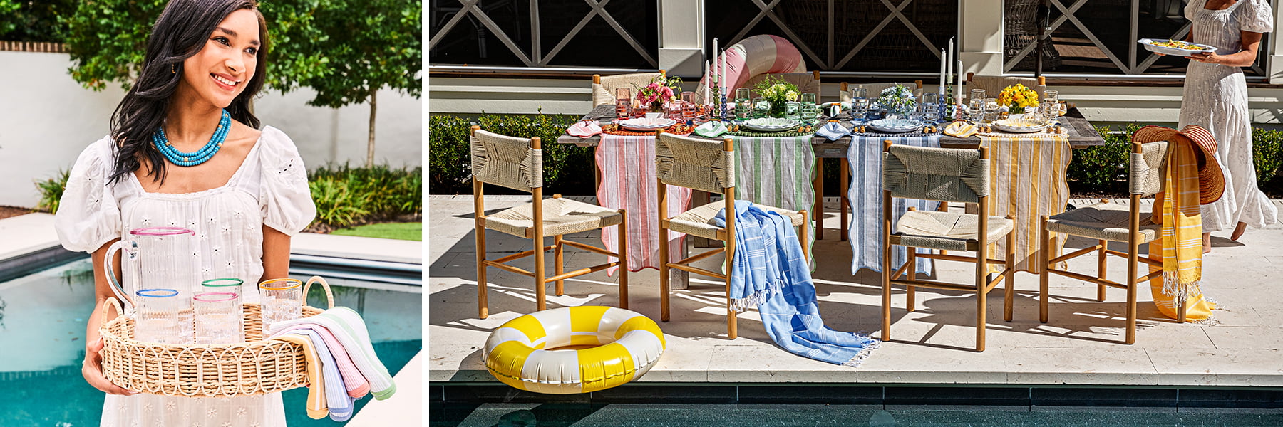 Two images: on the left, a woman is holding a tray with nell glassware. On the right, features a tablescape with cabana linens and melamine plates
