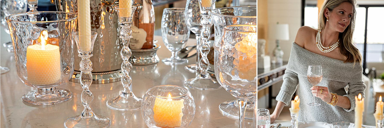 On the left, puro glassware on a tablescape. On the right, the image features a woman modeling capucine de wulf jewelry