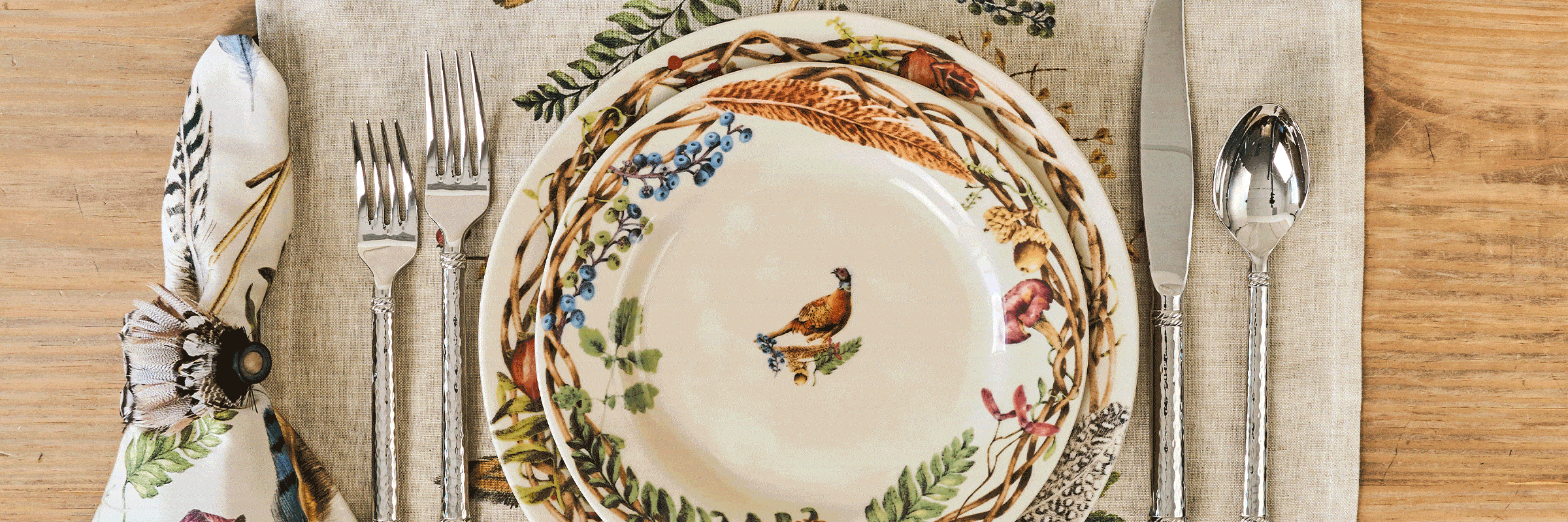 Forest Walk Linens Napkin and Runner with different place settings