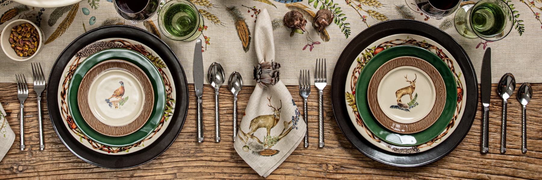 Overhead view of the forest walk collection in a tablescape
