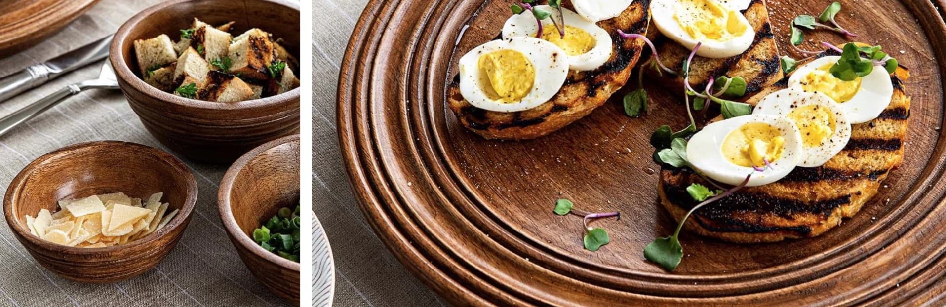 Bilbao wood bowls and serving trays filled with appetizers