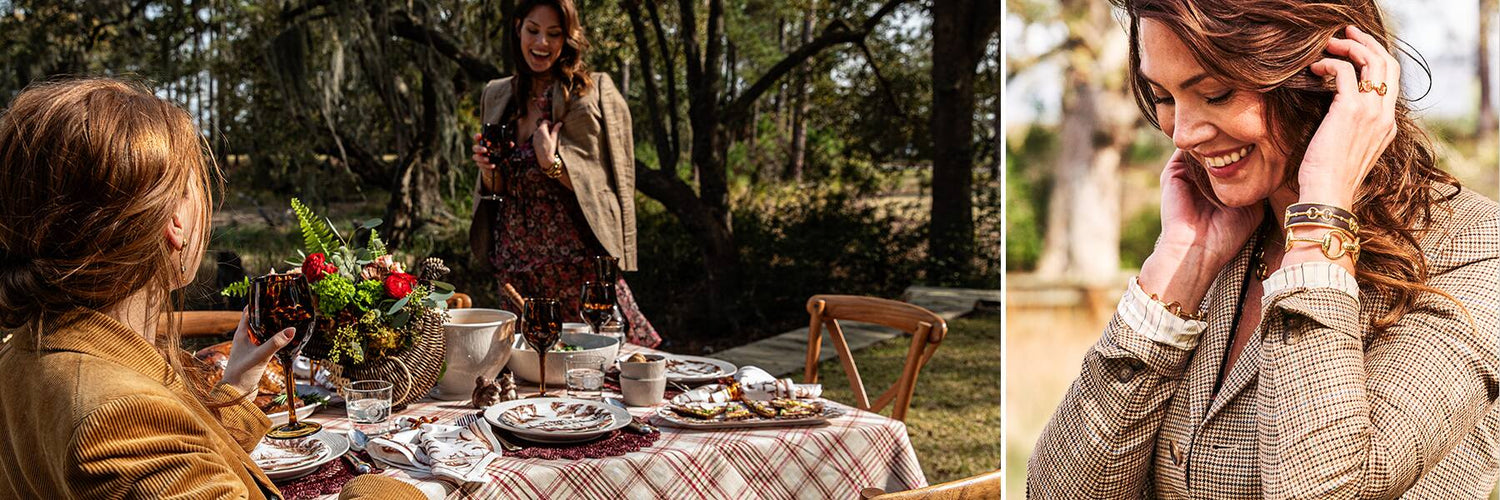 On the left, the Country Harvest Collection within a tablescape and on the right a women wearing Capucine De Wulf Jewelry