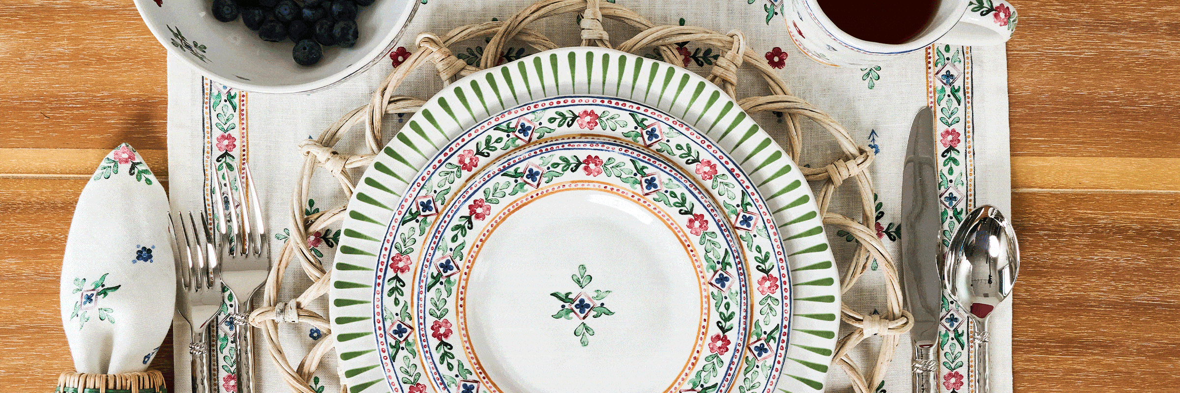 Heidi collection displayed with a mix of whitewash, basil and chambray plates