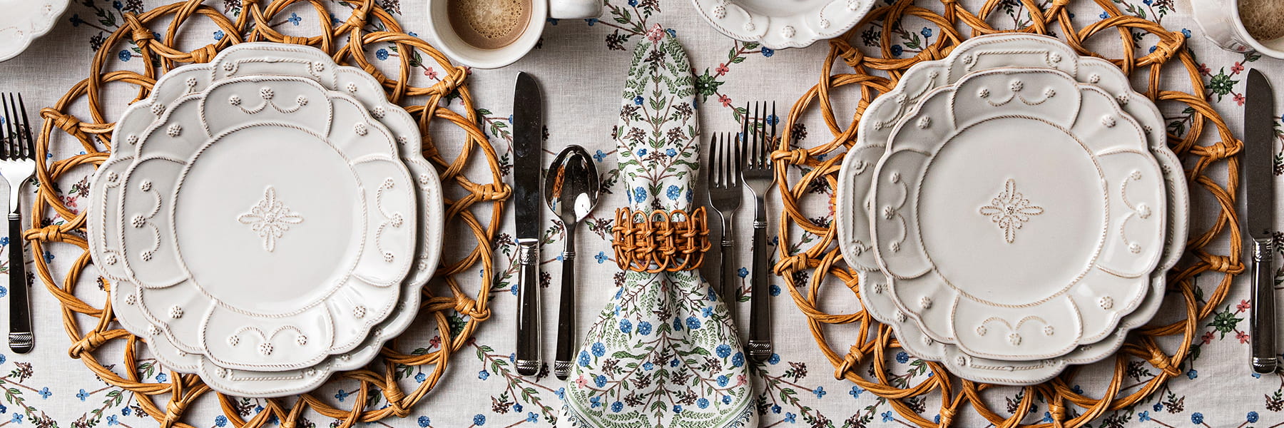 Image showing 2 Jardin Du Monde whitewash plates on top of a Villa Seville tablecloth