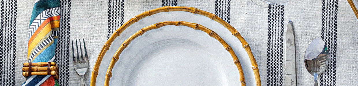 A Country Estate Flint salad plate sits on top of a Bamboo dinner plate in a moveable gif