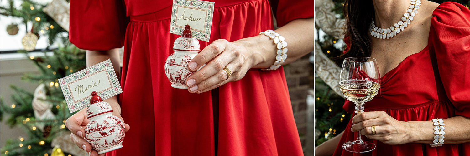 Two images featuring the amalia wine glass and capucine de wulf mermaid jewelry