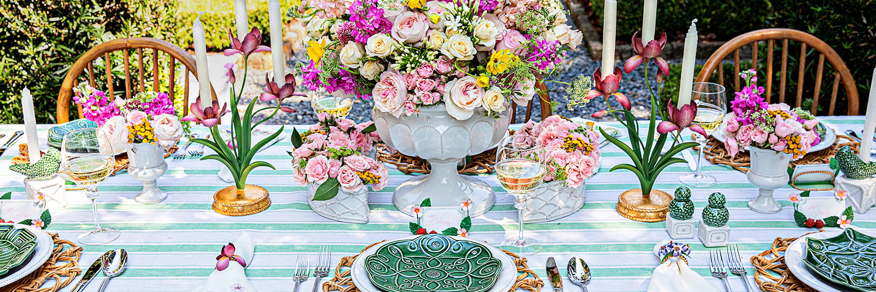 Image depicting floral arrangements in Berry & Thread vases, Amalia glassware, Jardin Du Monde basil plates and Meadow Walk candelabras
