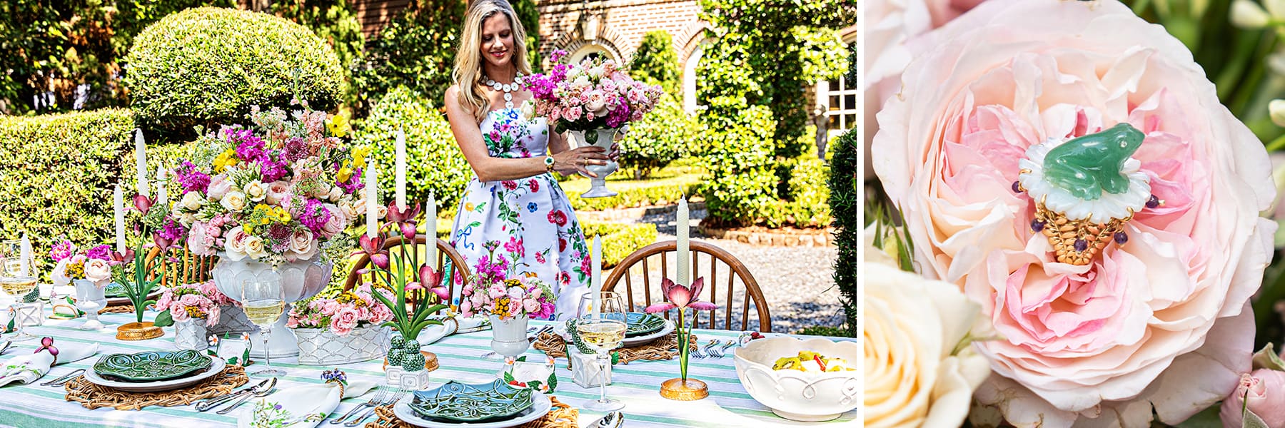 The image on the left depicts a woman holding a vase with flowers at an outdoor garden party. The image on the right depicts the Villandry Frog Ring laying on rose petals.