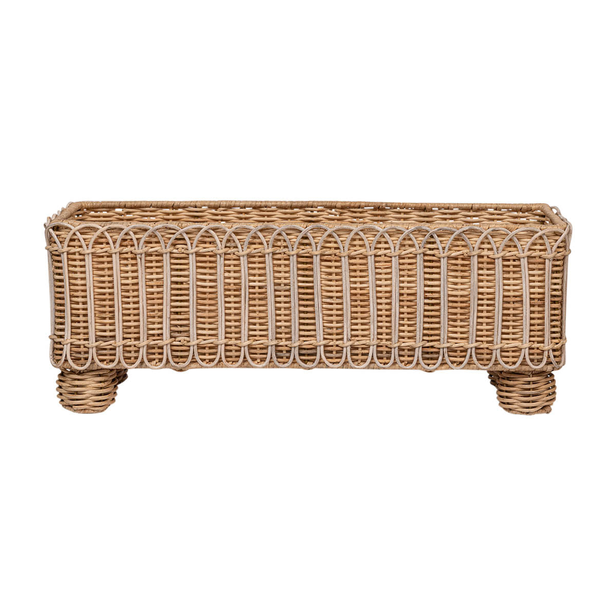 This exquisitely detailed, hand-woven rattan rectangular planter infuses natural beauty and texture into any space for displaying houseplants and flowers. Shaped perfectly to nestle on mantelpiece of windowsill, we especially love it when potted with a trio of orchids or herbs set on a dining table.