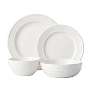 This sophisticated 4 piece place setting in whitewash was inspired by the French basket weave often found in equestrian and nautical traditions. Contains a dinner plate, dessert/salad plate, cereal/ice cream bowl and coupe pasta/soup bowl.