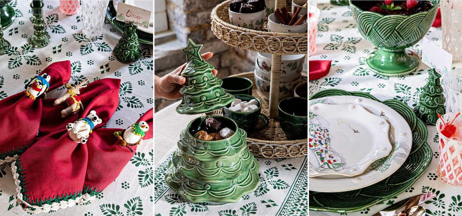 Decorative table setting with green ceramic items and red napkins.