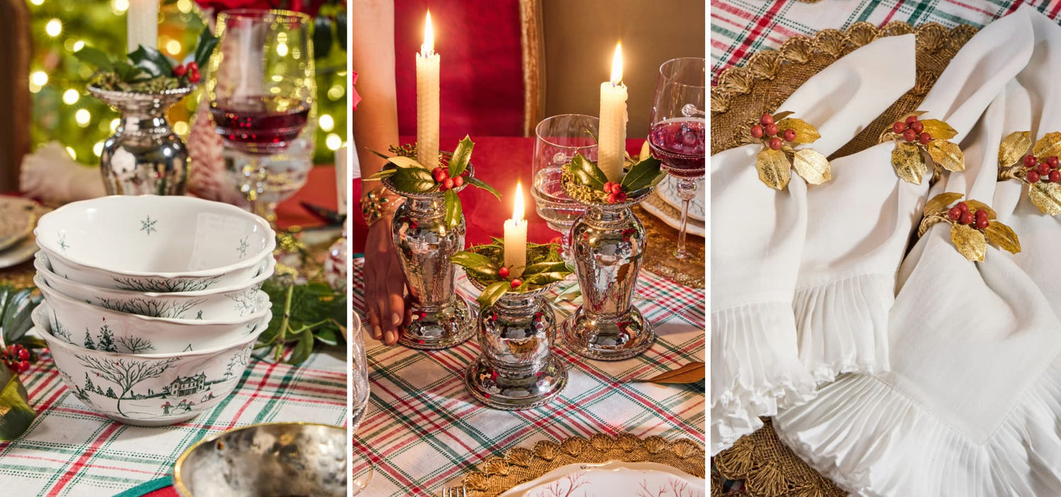 Collage of Christmas table setting with bowls, glasses, and napkin rings.