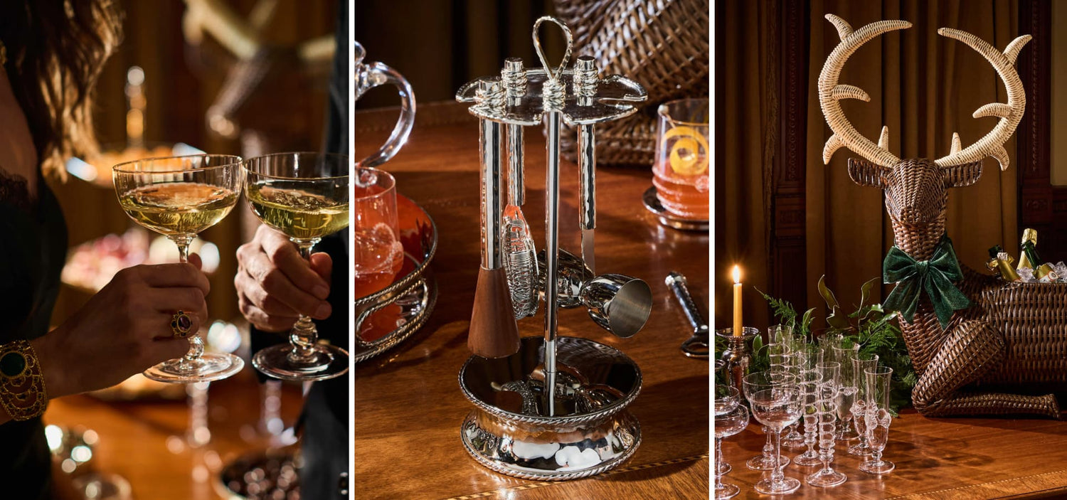 Collage of a person holding a glass of white wine, a decorative stand with glasses, and a deer head with antlers and bow tie on a table.