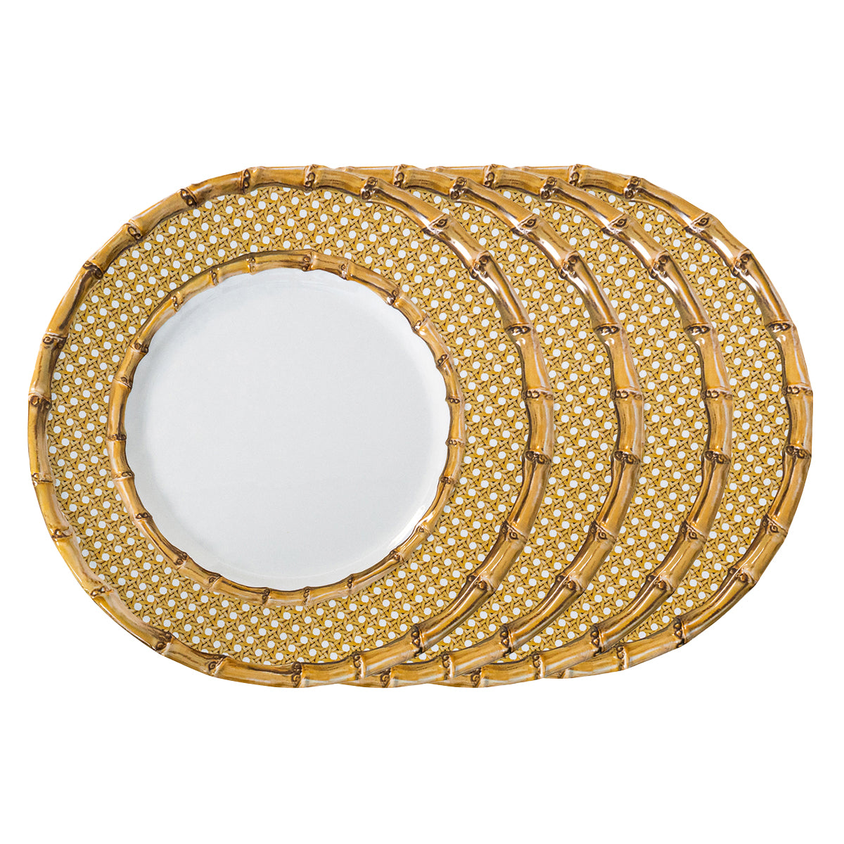 The bamboo border with caning inset on this dinner plate evokes the natural textures of exotic places for a look that is equally traditional and adventurous. Made of shatterproof melamine, it is ideal for all of your culinary forays into the wild outdoors - from breezy seaside picnics to romantic teas in the garden.