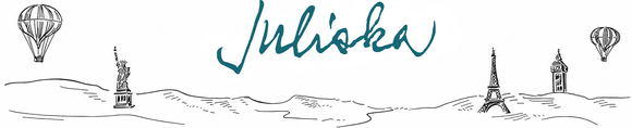 Decorative line art with balloons, a clock tower, and the word 'Juliska' in the center.