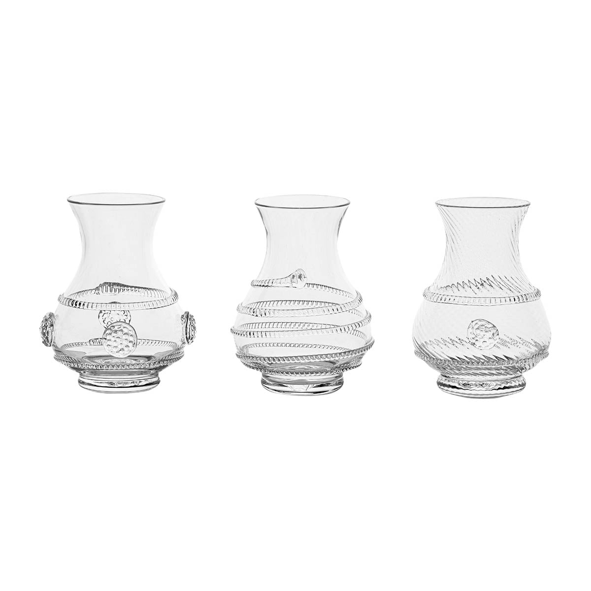 A delightful trio of our iconic Bohemian glass vases in petite form, each festooned with their own stunning motif; equally perfect for displaying flowers in a cluster on the table or for single blooms sprinkled in unexpected places like desktops, bookshelves, and the powder room. Packaged in our signature Juliska gift box, this stunning set makes an irresistibly pretty present to keep on hand for birthdays, holidays and all the days in between.