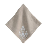 Evocative of inherited heirlooms, these linen napkins of woven cotton feature subtly stunning embroidery at the corner (perfect placement for styling within napkin rings) in an intricate floral motif that adds instant easy elegance to any table. The neutral flax canvass with cream details works beautifully year-round, from holiday tablescapes to weekend suppers.
