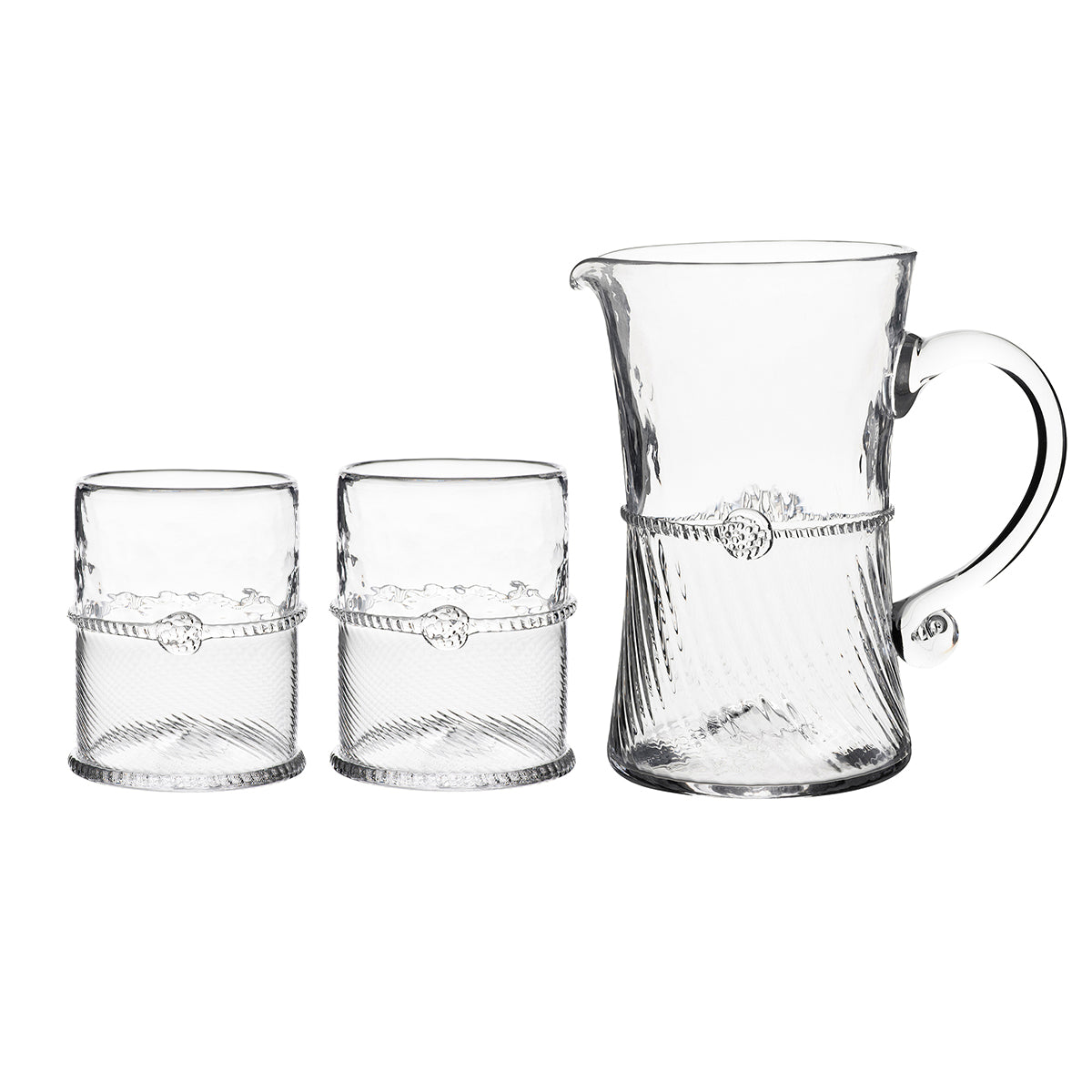 No matter the occasion, Graham brings unrivaled style and craftsmanship to the table. Crowned with a simple thread and single berry, dressed in optic glass from the waist down and belted with a charming sash, this large pitcher is a supreme vessel for party punches and batch cocktails to pour into the matching pair of Double Old Fashioned glasses. Bottoms up!