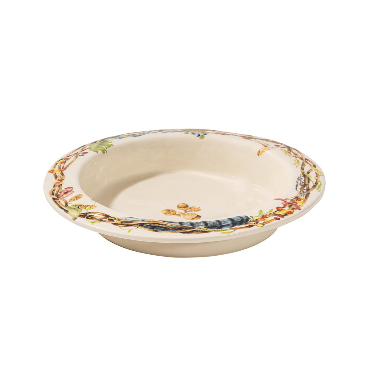 Pie dish with painted designs of flora and fauna.