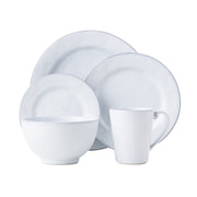 Fresh and simple. Timeless and elegant. Our handsome white Quotidien 5 piece place setting contains a dinner plate, dessert/salad plate, side/cocktail plate, cereal/ice cream bowl and mug.