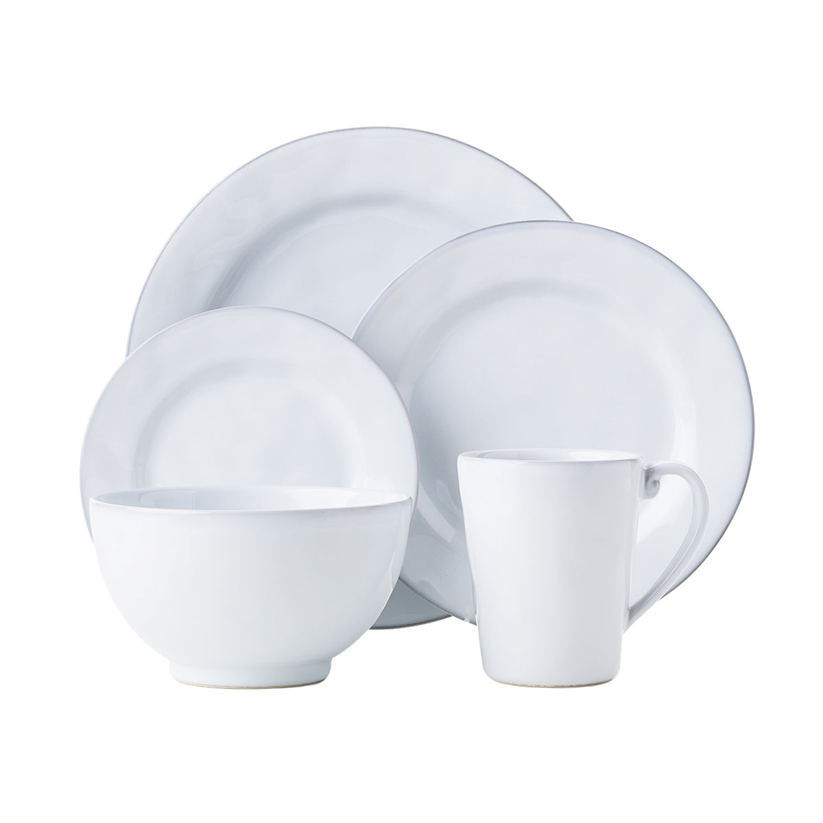 Fresh and simple. Timeless and elegant. Our handsome white Quotidien 5 piece place setting contains a dinner plate, dessert/salad plate, side/cocktail plate, cereal/ice cream bowl and mug.