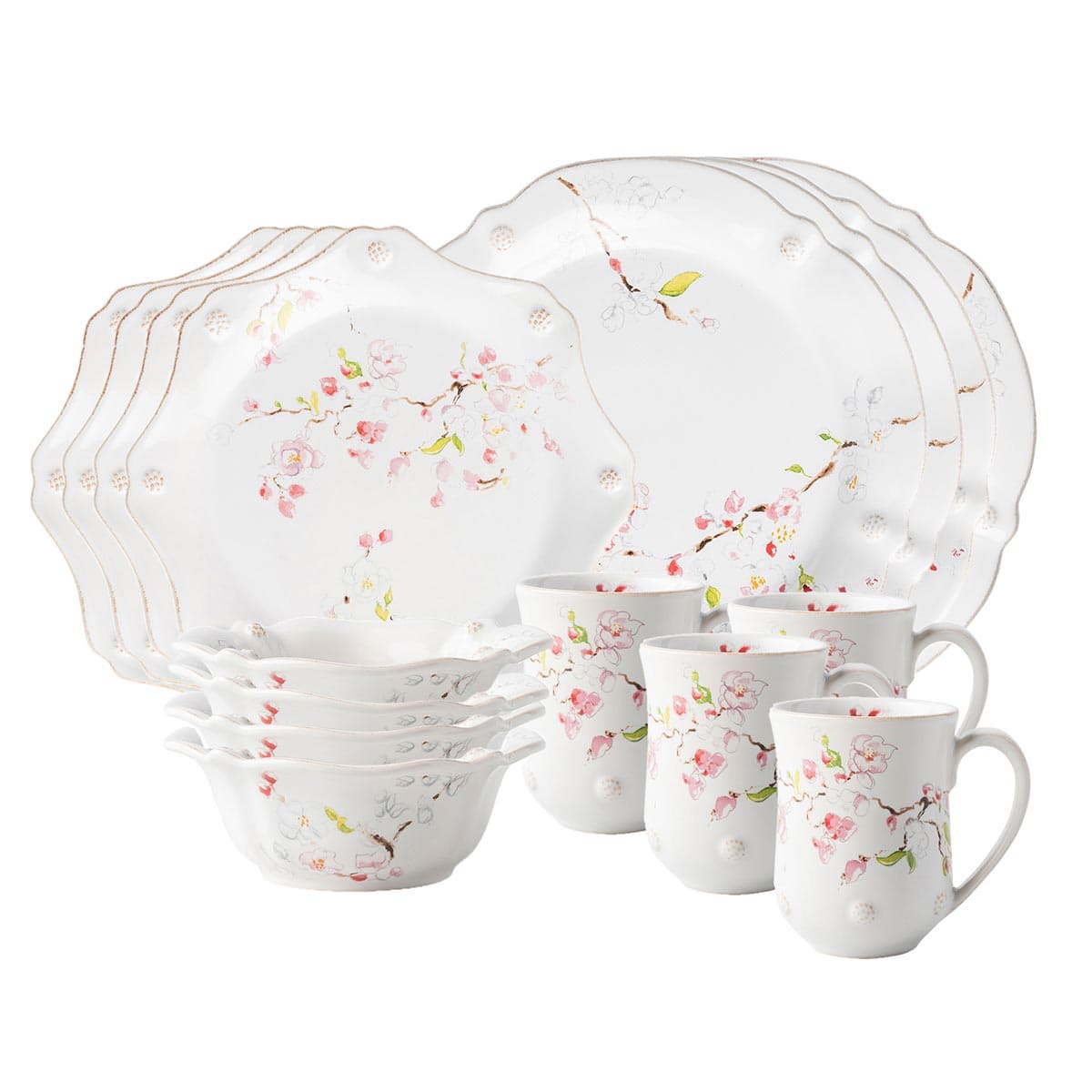 Japanese symbol for "beauty of life", the artfully depicted Cherry blossom is truly celebrated for its delicate grace in this dinnerware collection. Decorated with our subtle thread and berries motif, this set includes 4 dinner plates, 4 dessert/salad plates, 4 cereal/ice cream bowls and 4 mugs.