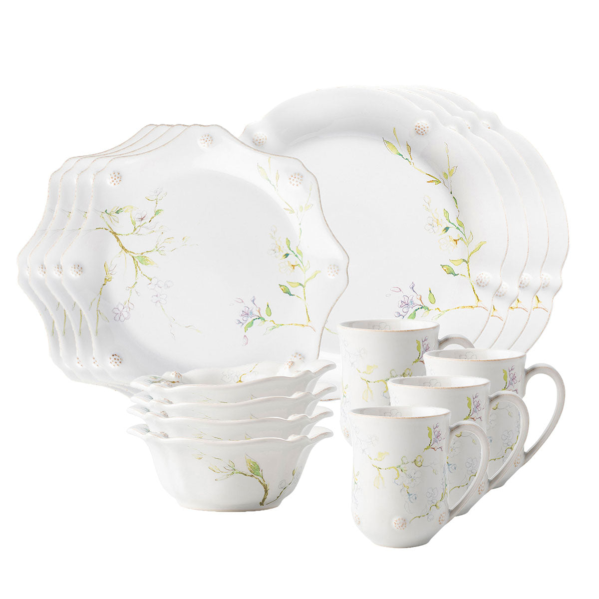 This Jasmine dinnerware collection adds a whimsical touch to our subtle thread and berries motif and includes 4 dinner plates, 4 dessert plates, 4 cereal bowls and 4 mugs.