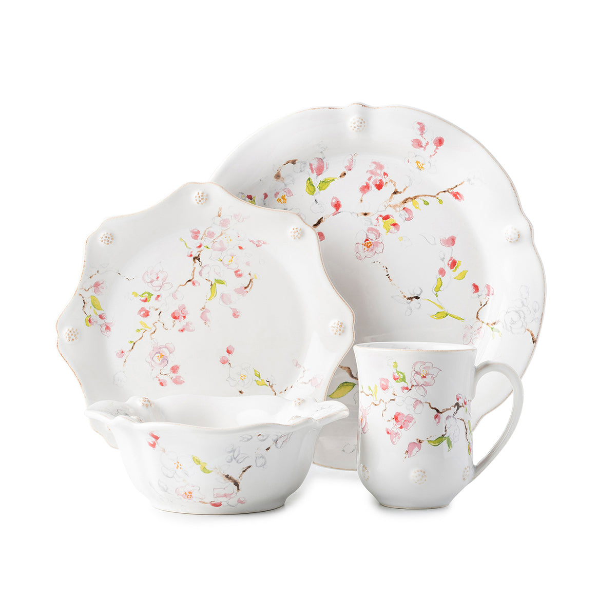 Decorated with our subtle thread and berries motif, this dinnerware set includes dinner plate, dessert/salad plate, cereal bowl and mug.
