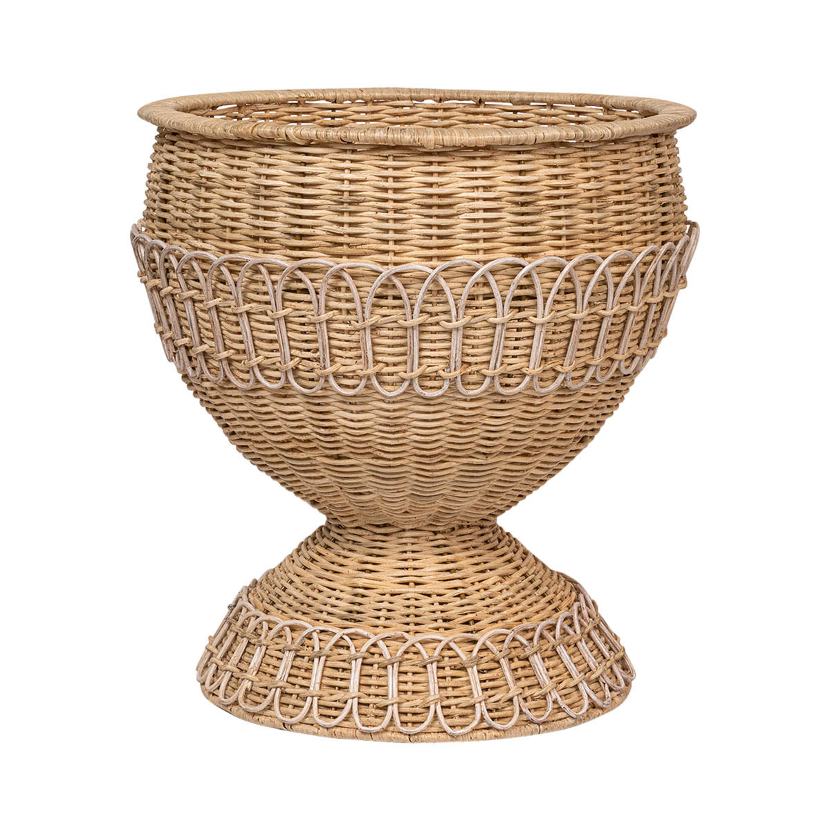 Rustic and romantic, this exquisitely detailed, hand-woven rattan urn infuses natural beauty and texture into any space for displaying houseplants and flowers. Whether presented in a pair to flank an entryway year-round or to stand as the centerpiece of a holiday buffet with a stunning arrangement, this vessel is a mainstay piece of beautiful functionality. We can't wait to see what you do with it! Large enough to hold up to a 12" pot.