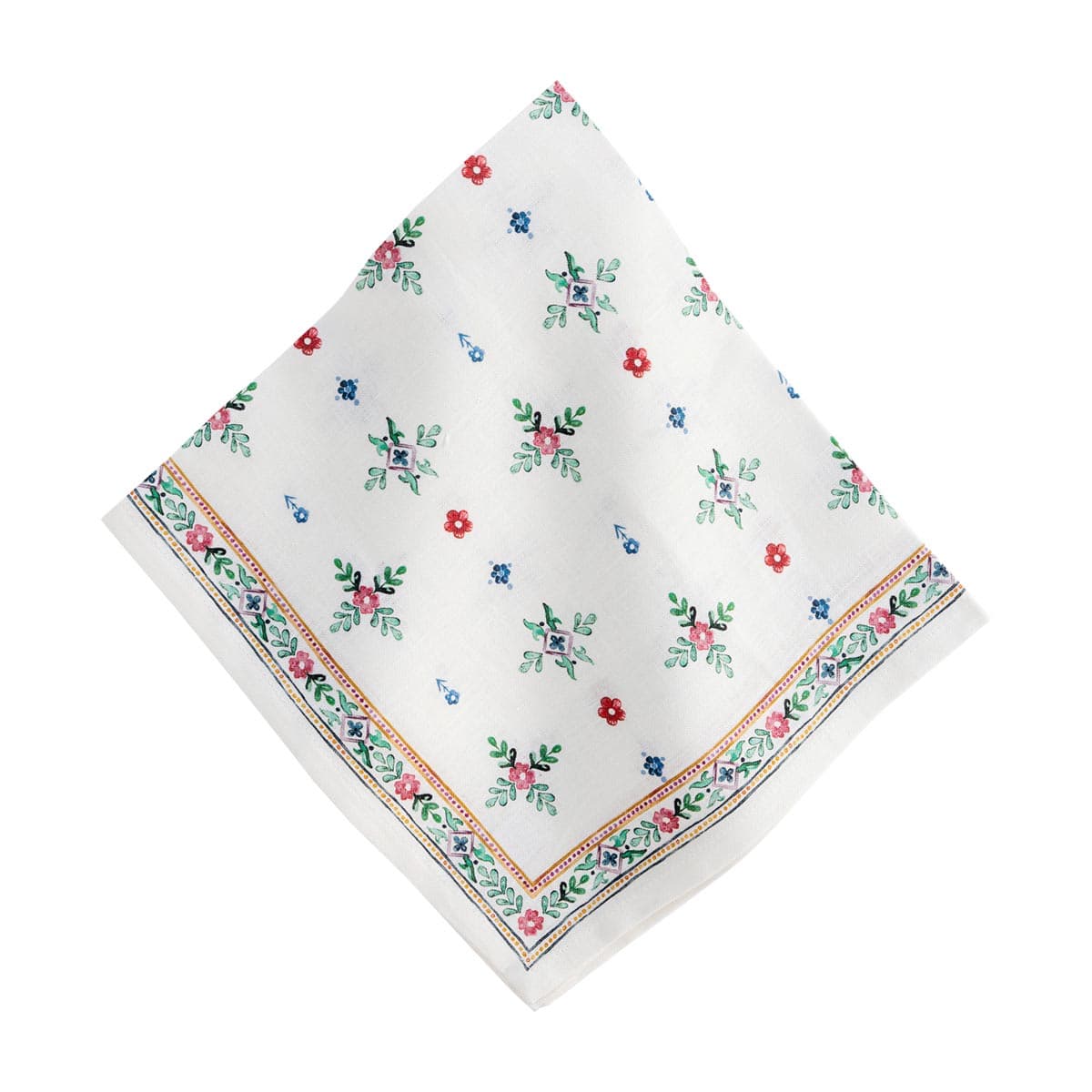 A folkloric wildflower motif from the Austrian alps in a playful pastoral pattern of edelweiss and bellflowers is done in joyful colors on a snowy white background. Vibrant and versatile, this linen napkin is designed to delight year-round, from summer’s al fresco entertaining to winter’s holiday gatherings.