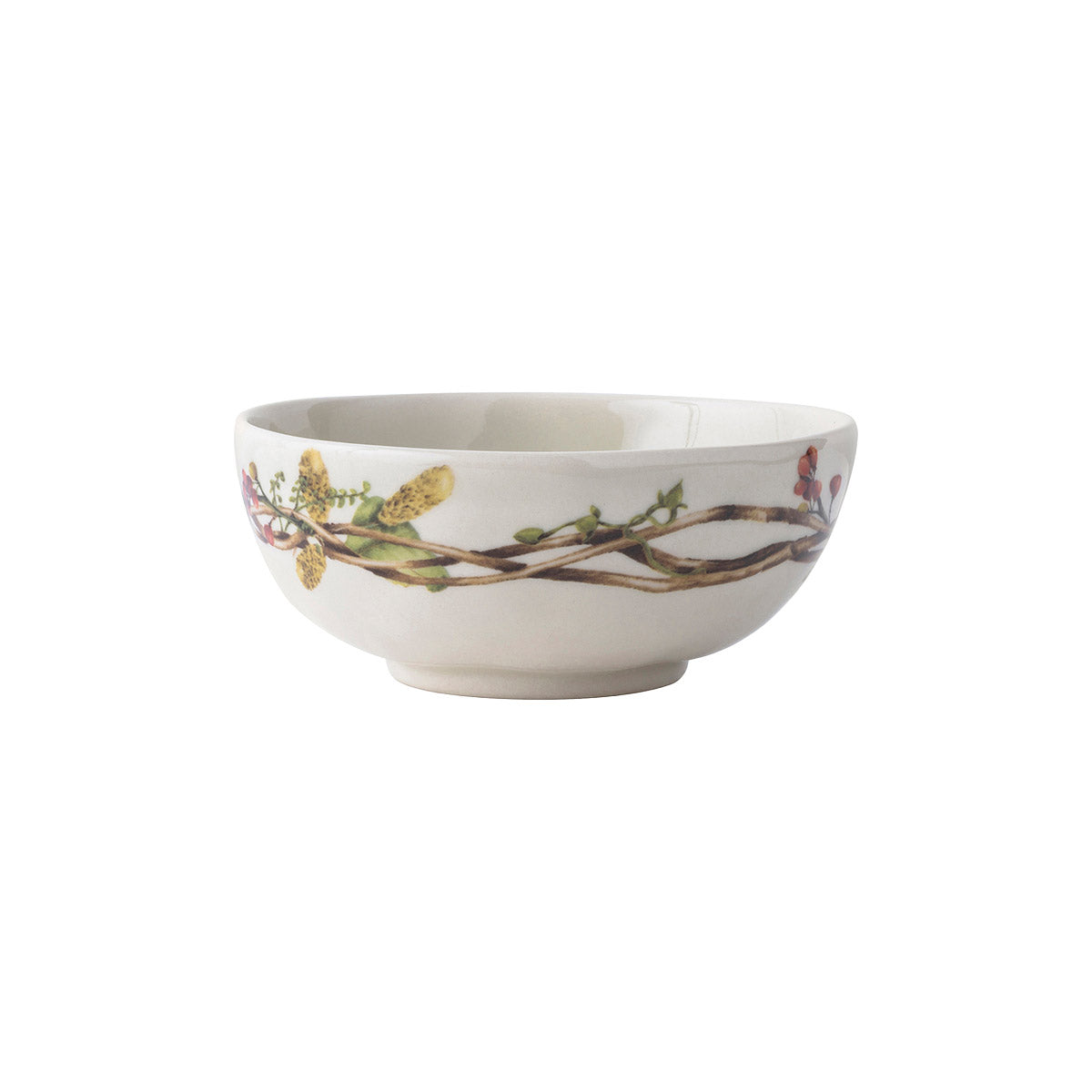 Berry bowl with vines entwined with other flora and fauna painted on the exterior.
