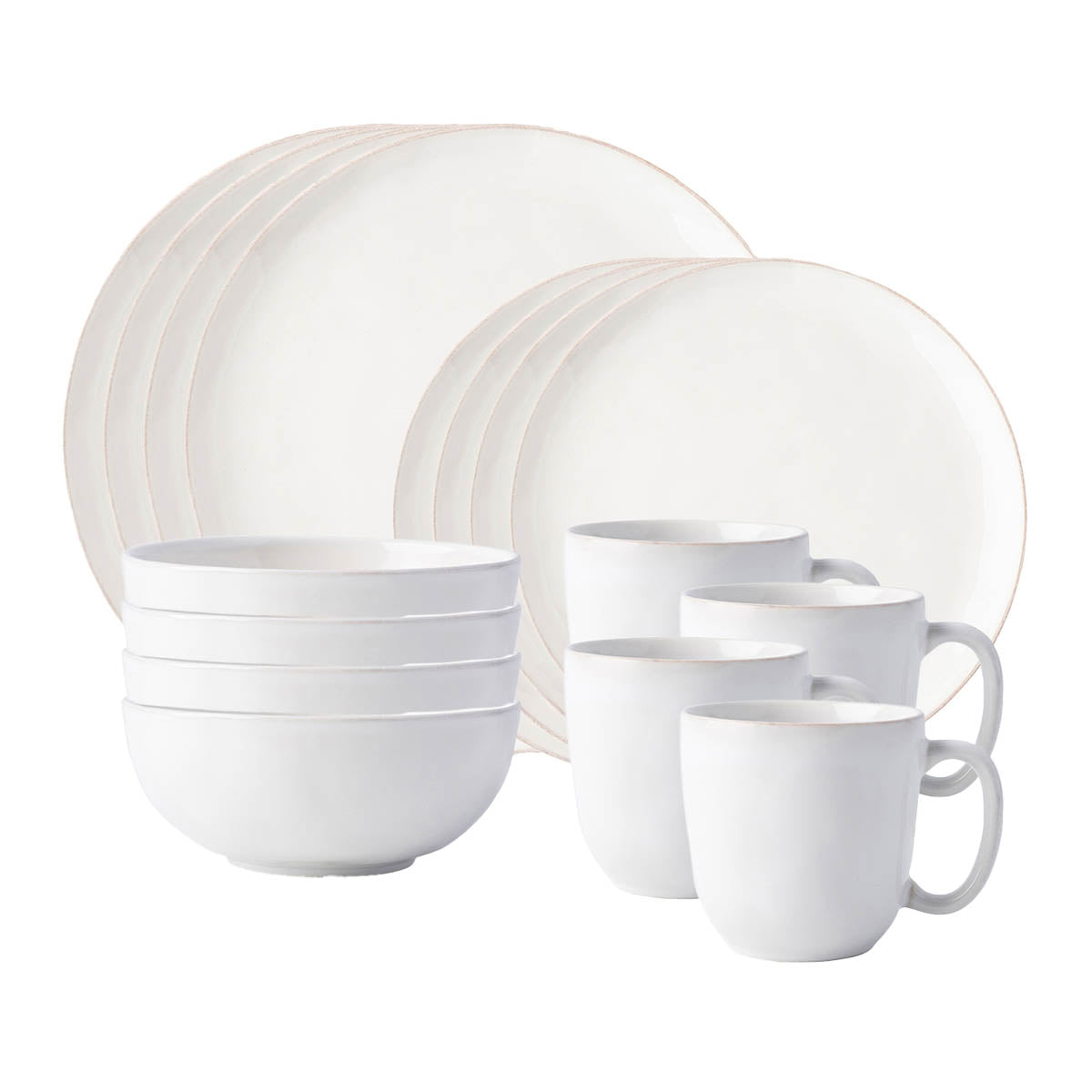 Everything you need to set a stylish place at your table, this collection is perfect for parties, and eminently useful for every day. This 16 piece set provides service for four people and includes four of each: coupe dinner plates, coupe dessert/salad plates, cereal/ice cream bowls and mugs.