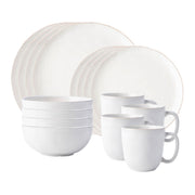 Everything you need to set a stylish place at your table, this collection is perfect for parties, and eminently useful for every day. This 16 piece set provides service for four people and includes four of each: coupe dinner plates, coupe dessert/salad plates, cereal/ice cream bowls and mugs.
