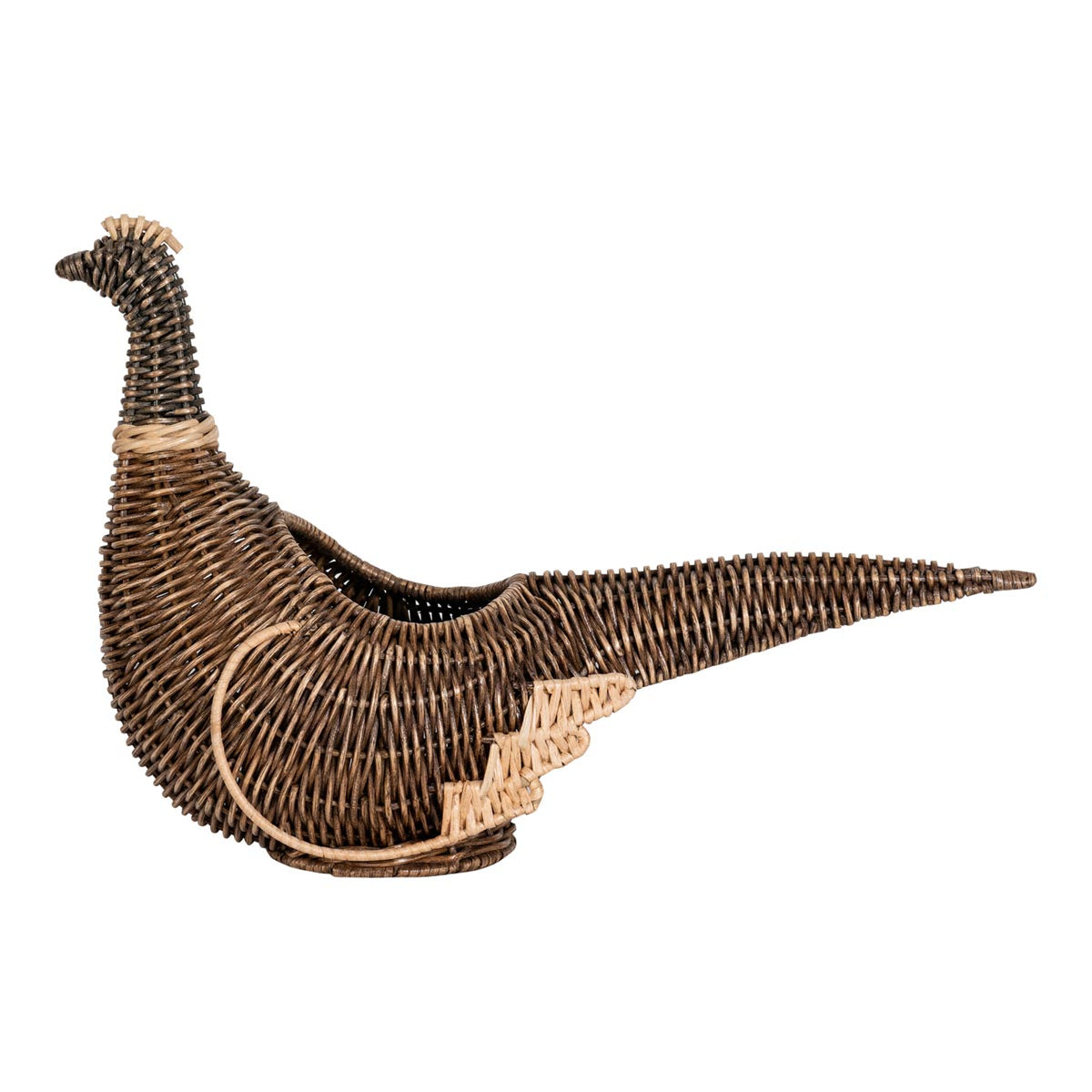 A delightful display of woodland wonder for Fall decorating, our charming pheasant brings natural drama and delight to your entryway, mantelpiece, buffet, or dining table. Hand-made of beautifully woven abaca, wicker and rattan, with a clear glass vase nestled within to house whatever autumnal arrangements you dream up, from brambles and branches, to florals and feathers.