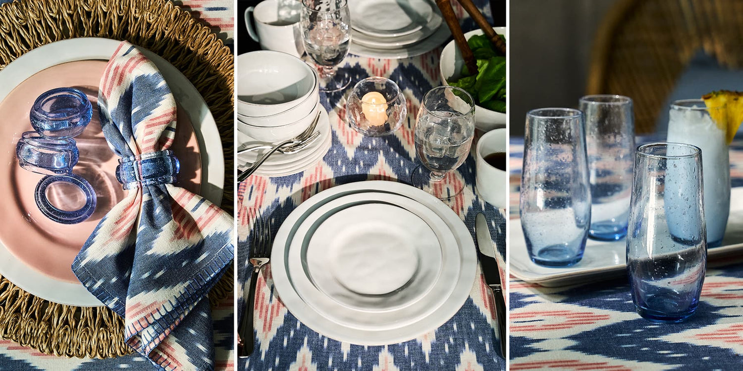 Collage of tableware including glasses, plates, and a napkin with a blue and white pattern.