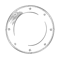 Black and white line drawing of a decorative plate with berry patterns on a white background