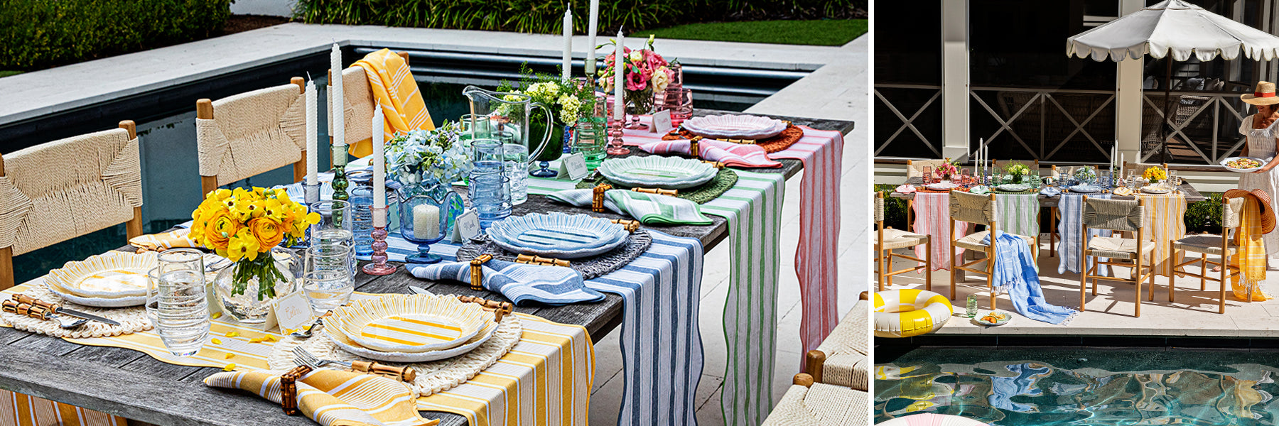 Colorful cabana melamine plates set up within a tablescape
