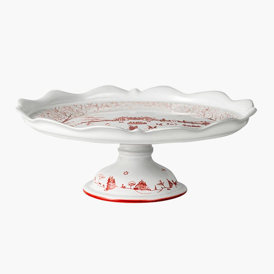 White ceramic cake stand with red floral patterns on a white background