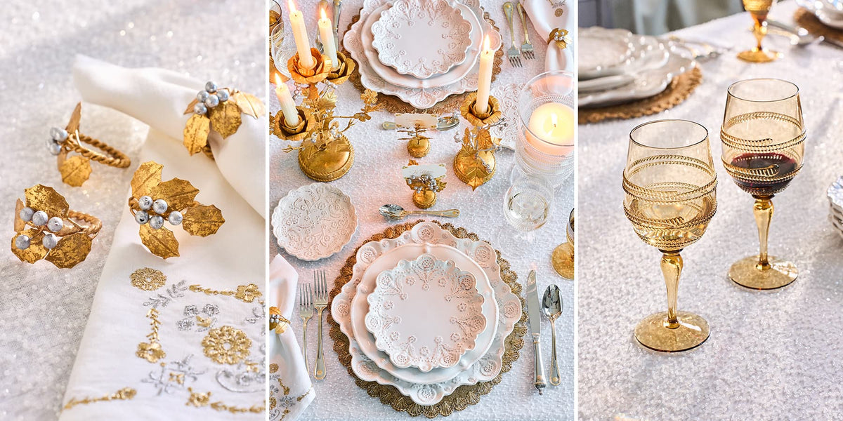 Three-panel collage showcasing elegant table setting details: gold leaf napkin rings with pearl accents on white napkins, a styled table with layered white and blush plates, gold candle holders, and gold-accented wine glasses on a white tablecloth.