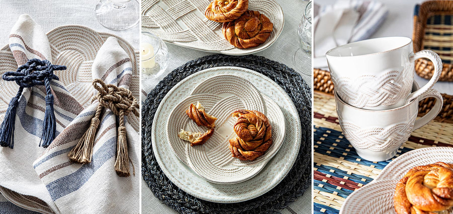 Collage of a plate with pastries, a cup, and a textured placemat.