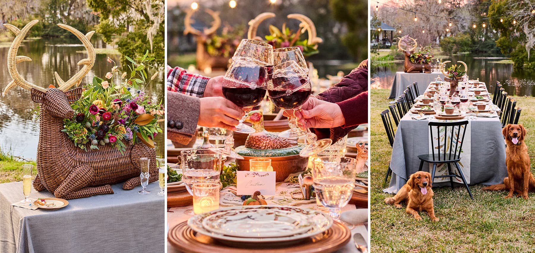 Collage of a festive outdoor dinner party with table settings, wine glasses, and a dog.