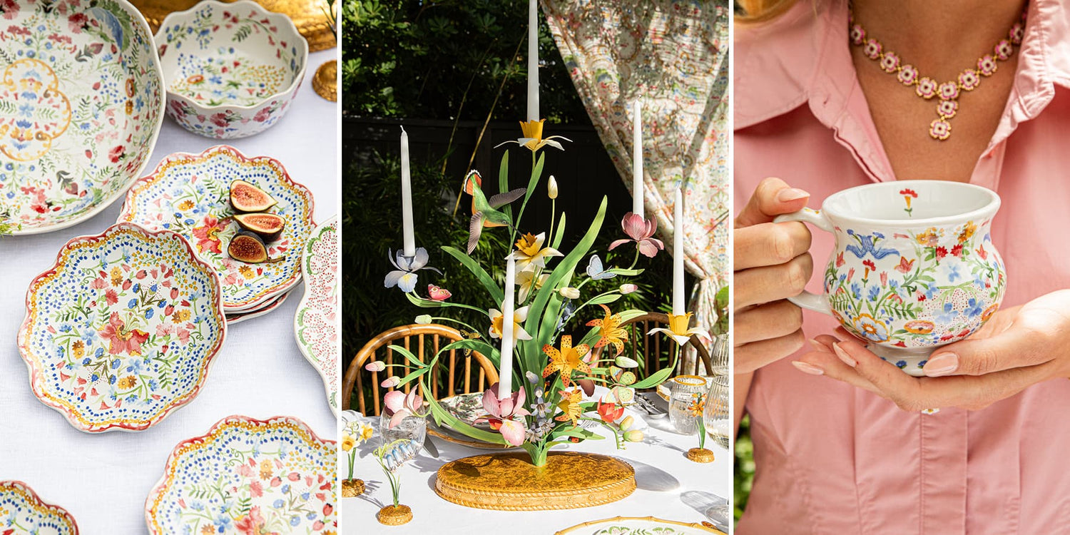 Set of floral-patterned ceramic plates and a teacup held by a person in a pink shirt.