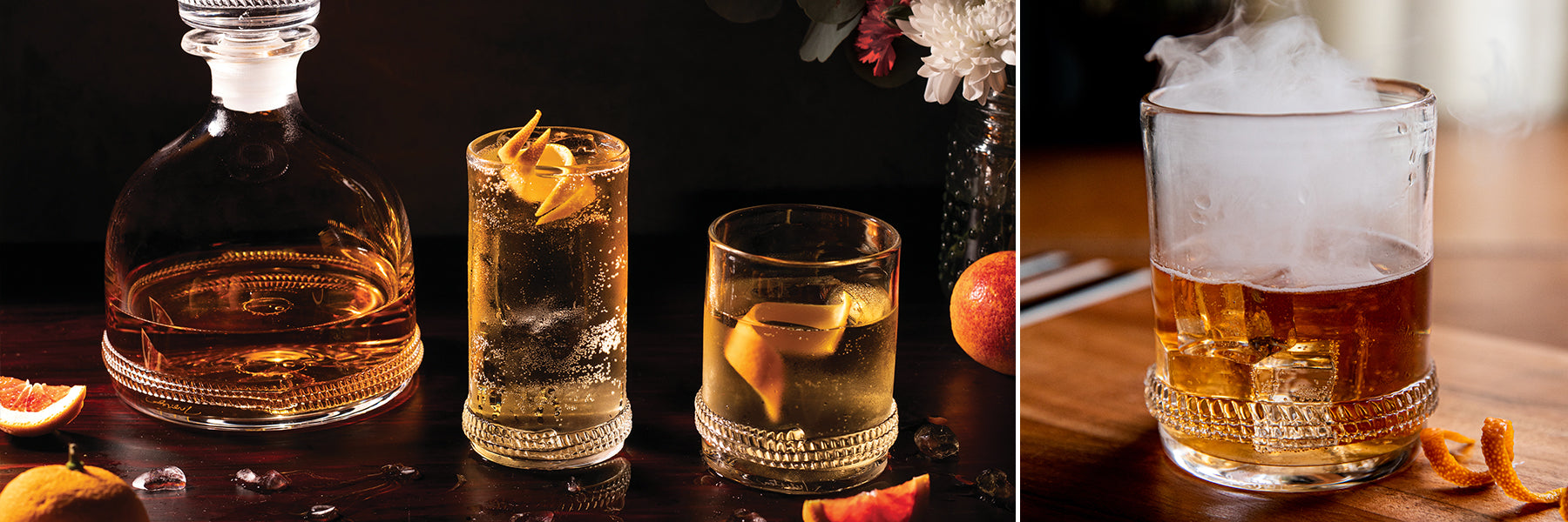 A high ball close-up of a cocktail with orange twist