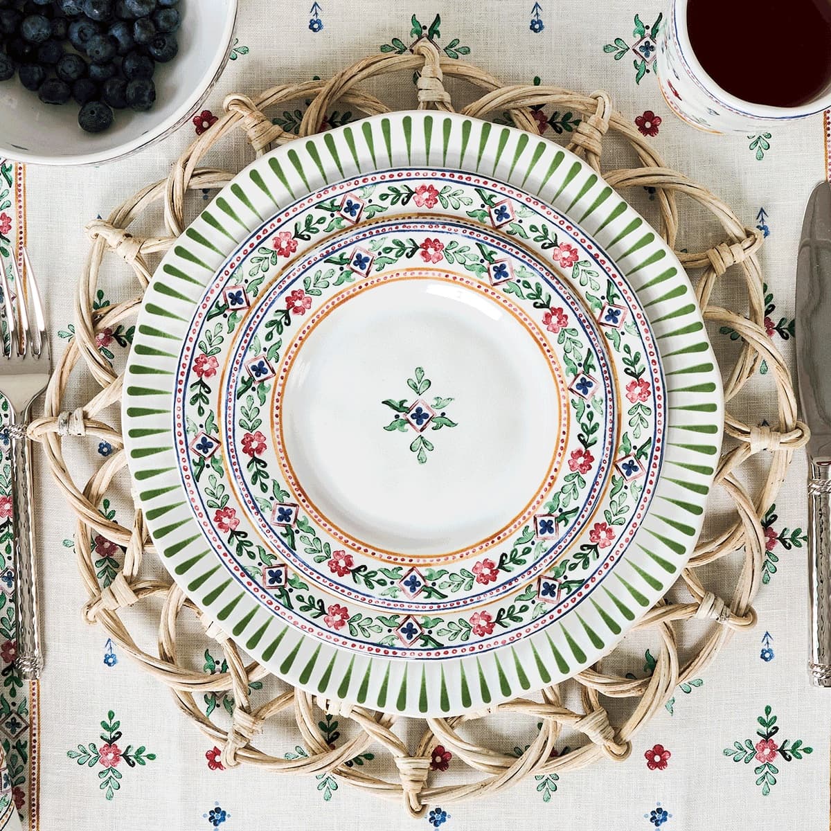 Heidi Collection tablescape with a mix of sitio stripe basil plates