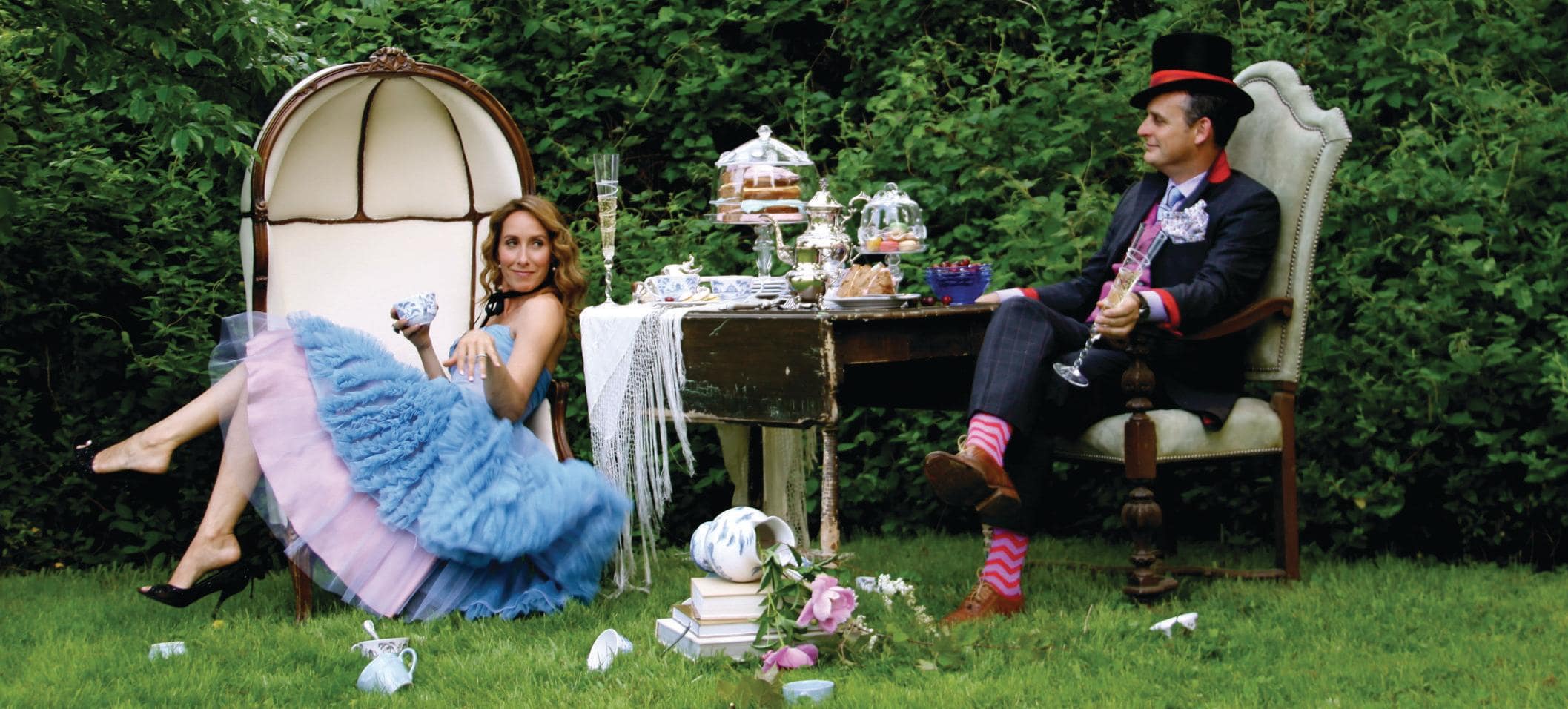 Founders, Capucine and David, enjoy a whimsical outdoor tea party.